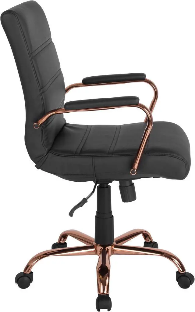 Alt view image 2 of 20 - Mid-Back Black LeatherSoft Executive Swivel Office Chair with Rose Gold Frame and Arms
