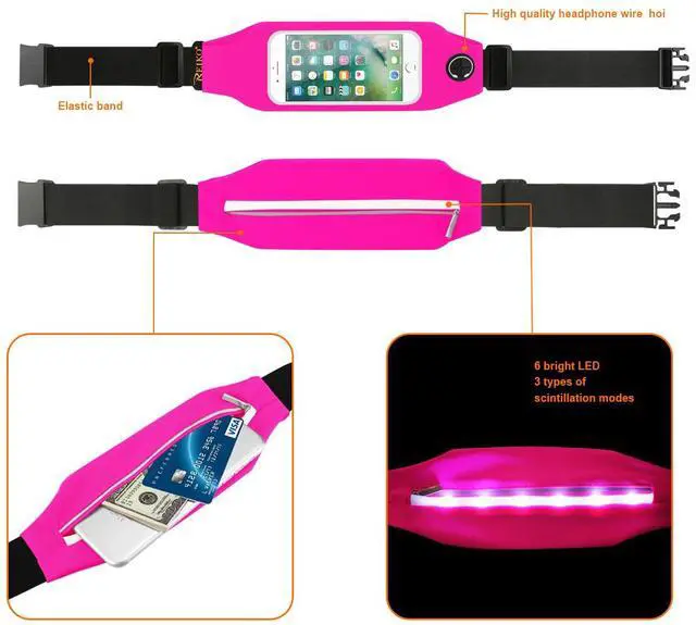 Alt view image 2 of 8 - REIKO RUNNING SPORT BELT FOR IPHONE 7/ 6/ 6S OR 5 INCHES DEVICE WITH TWO POCKETS AND LED IN PINK (5x5 INCHES)