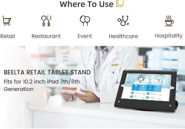 Alt view image 2 of 7 - Beelta Retail Tablet Stand for 10.2 inch iPad 7th/8th Generation, Business Desktop POS iPad Stand, Anti Theft Kiosk Countertop iPad Stand Holder, 360° Swivel Base, for Office Reception, Metal, Black
