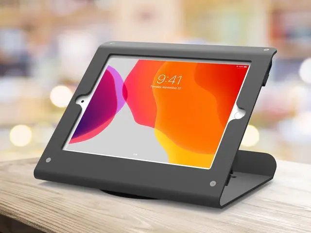 Alt view image 7 of 7 - Beelta Retail Tablet Stand for 10.2 inch iPad 7th/8th Generation, Business Desktop POS iPad Stand, Anti Theft Kiosk Countertop iPad Stand Holder, 360° Swivel Base, for Office Reception, Metal, Black