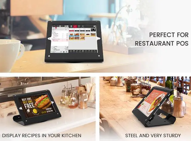 Alt view image 3 of 7 - Beelta Retail Tablet Stand for 10.2 inch iPad 7th/8th Generation, Business Desktop POS iPad Stand, Anti Theft Kiosk Countertop iPad Stand Holder, 360° Swivel Base, for Office Reception, Metal, Black