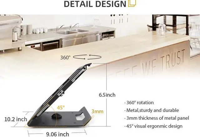 Alt view image 6 of 7 - Beelta Retail Tablet Stand for 10.2 inch iPad 7th/8th Generation, Business Desktop POS iPad Stand, Anti Theft Kiosk Countertop iPad Stand Holder, 360° Swivel Base, for Office Reception, Metal, Black