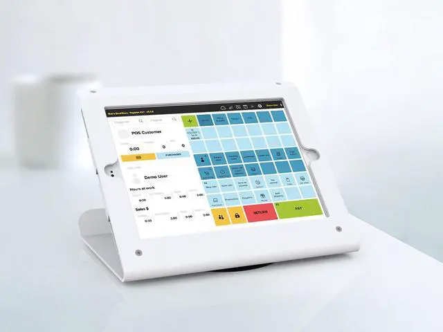 Alt view image 4 of 5 - Beelta Retail Tablet Stand for 10.2 inch iPad 7th/8th Generation, Business Desktop POS iPad Stand, Anti Theft Kiosk Countertop iPad Stand Holder, 360° Swivel Base, for Office Reception, Metal, White