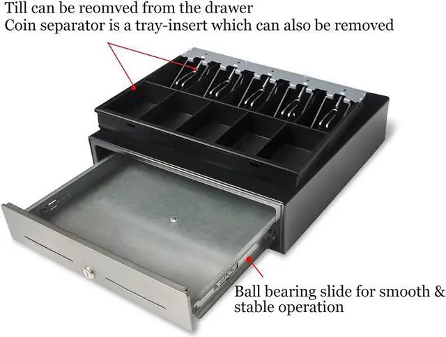 Alt view image 2 of 5 - Beelta Cash Register Drawer 16” for Point of Sale (POS) System with Fully Removable Cash Tray, 5 Bill slots / 5 Coin slots, 24V, RJ11/RJ12 Key-Lock, Media Slot, SPCC, Black