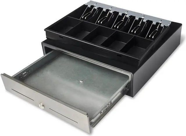 Main image of Beelta Cash Register Drawer 16” for Point of Sale (POS) System with Fully Removable Cash Tray, 5 Bill slots / 5 Coin slots, 24V, RJ11/RJ12 Key-Lock, Media Slot, SPCC, Black