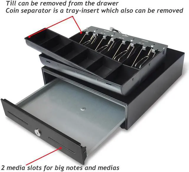Alt view image 4 of 5 - 13" POS Cash Register Drawer with Removable Tray,4Bill/5Coin,RJ11 Cable Included,Key Lock,DC24V,Black,BK1313B