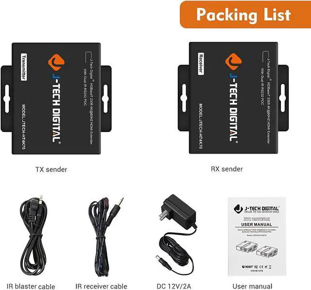 Alt view image 6 of 6 - J-Tech Digital HDBaseT 4K@60HZ HDMI Extender 4K@60HZ 4:2:0, Single Cable CAT6 up to 230ft @1080P/131ft@4K, Support HDCP2.2, Deep Color, Dual IR, DTS/Dolby Digital Pass Through, CEC, RS232