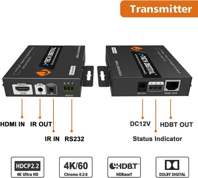 Alt view image 2 of 6 - J-Tech Digital HDBaseT 4K@60HZ HDMI Extender 4K@60HZ 4:2:0, Single Cable CAT6 up to 230ft @1080P/131ft@4K, Support HDCP2.2, Deep Color, Dual IR, DTS/Dolby Digital Pass Through, CEC, RS232
