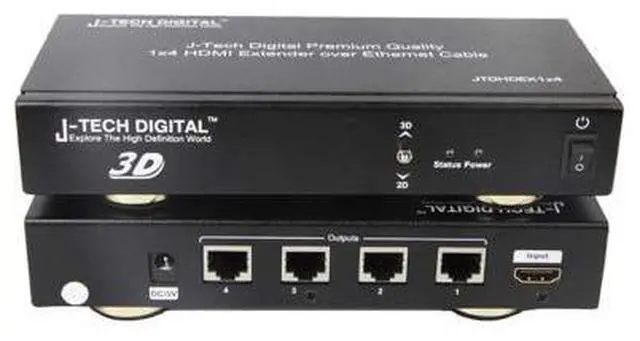 Alt view image 2 of 15 - J-Tech Digital 1x4 HDMI Extender Splitter Combo Over Cat5e/Cat6 cable up to 164 feet (50 meters) at 1080P with Local Loop out and Bi-directional IR control (JTDHDEX1x4)