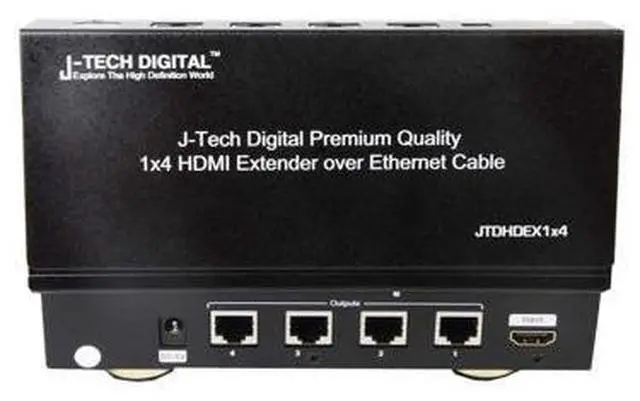 Main image of J-Tech Digital 1x4 HDMI Extender Splitter Combo Over Cat5e/Cat6 cable up to 164 feet (50 meters) at 1080P with Local Loop out and Bi-directional IR control (JTDHDEX1x4)