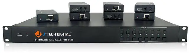 Main image of J-Tech Digital 4K@60HZ 8x8 HDBaseT Matrix with 7 Receivers (PoC), Supports 4Kx2K@60HZ 4:2:0, HDCP 2.2 IR, SPDIF, RCA, TCP/IP, RS232, EDID with Control 4 Driver Available