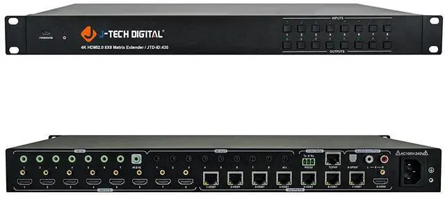 Alt view image 2 of 5 - J-Tech Digital 4K@60HZ 8x8 HDBaseT Matrix with 7 Receivers (PoC), Supports 4Kx2K@60HZ 4:2:0, HDCP 2.2 IR, SPDIF, RCA, TCP/IP, RS232, EDID with Control 4 Driver Available