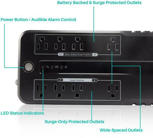 Alt view image 4 of 7 - MARUSON 625VA 330W Standby UPS Battery Backup and Surge Protector, 8 Outlets, Uninterruptible Power Supply, Software, cTUVus, POP-625BS