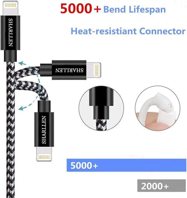 Alt view image 3 of 7 - iphone charger cable 3pack 3ft mfi  sharllen nylon braided iphone charging cord fast usb charging cell-phone lightning wire compatible iphone 11/xs/max/xr/x/8p/8/7/7p/6/ipad/ipod(black-3ft)
