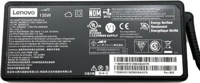 Alt view image 2 of 4 - Genuine Lenovo AC Power Adapter 135W for Thinkpad Laptop W540 Y50 Y70 Dock 40AJ w/PC OEM