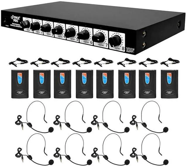 Main image of 8 Channel Wireless Microphone System - Rack Mountable Set W/ 8 Clip Lavalier Lapel & 8 Headset Microphones, Receiver Base, Audio Mixed Balance Output - For Karaoke, Pa, Public Event - Pyle Pdwm8900