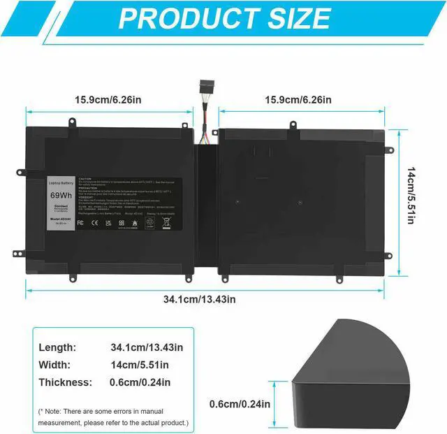 Alt view image 6 of 7 - 4Dv4C Battery For Dell Xps 18 1810 1820 Series Tablet 063Fk6 63Fk6 D10H3 69Wh