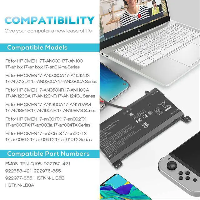 Alt view image 4 of 7 - Fm08 Laptop Battery For Hp Omen 17-An013Tx 17-An014Tx 17-An015Ng Hstnn-Lb8B 86Wh