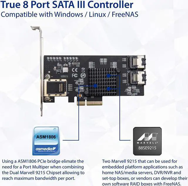 Alt view image 5 of 8 - Syba SI-PEX40137 8 Port Non-RAID SATA III PCI-e x4 Controller Card - Dual SFF-8087 Interface Marvell 9215 Chipset