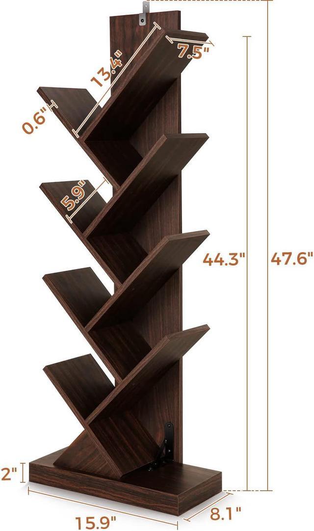 8 Tier Tree Bookshelf, 8 Shelf Open Book Case, Sturdy Tree Bookcase, Narrow  Book Organizer Shelves for Bedroom, Living Room, Home Office, Dark Brown