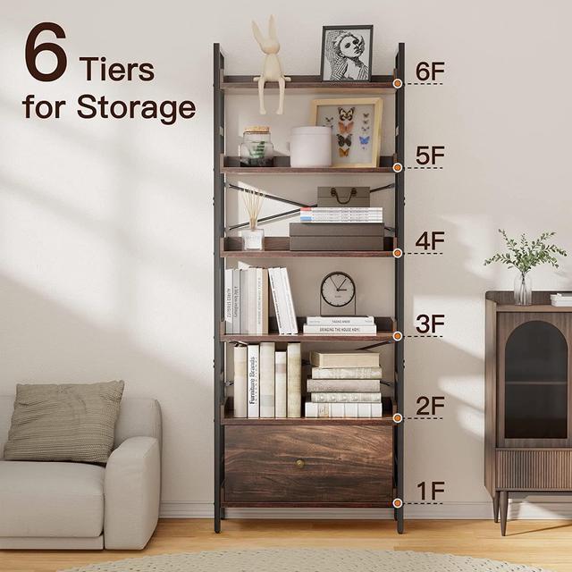 8AM Bookshelf, 6Tier Bookcase With Storage Drawer, Tall Bookshelf Storage  Rack With Metal Frame & Wood Grain Finish, Industrial Bookshelf For Living  Room, Bedroom, And Home Office, 
