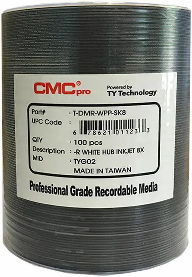 Alt view image 2 of 2 - CMC Pro Taiyo Yuden 16X White Inkjet Hub Printable DVD-R (TDMR-WPP-SK16) 100-Disc Tape Wrap