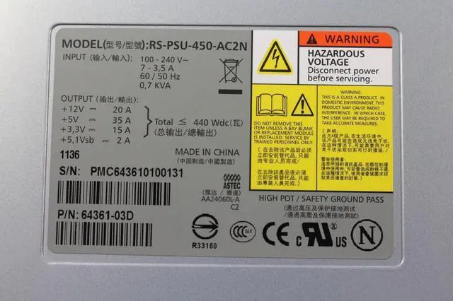 Alt view image 3 of 3 - Dell Compellent Xyratex RS-PSU-450-AC2N 440W 100-240V Power Supply P61TG 6436103