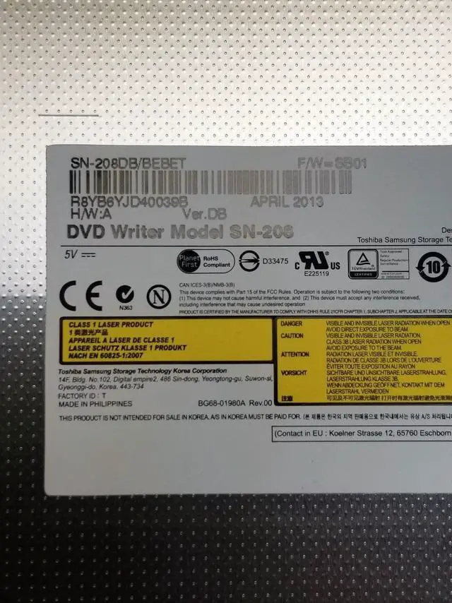 Alt view image 4 of 4 - Samsung slim notebook CDDVD RW RAM Burner Drive Samsung SN-208 208DB/BEBET SB01