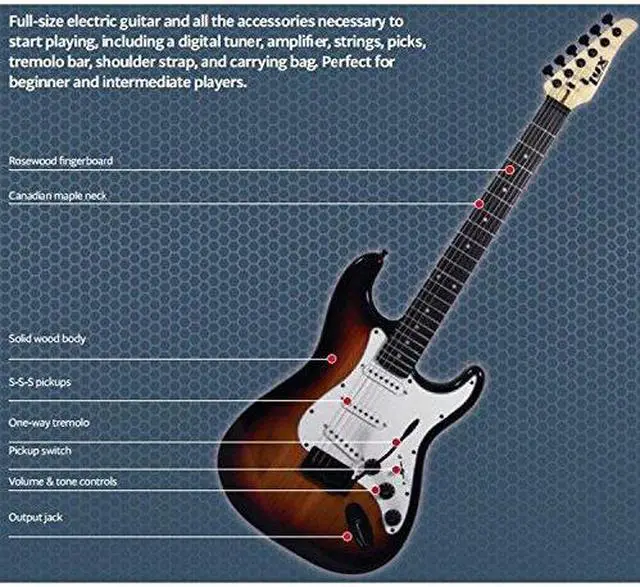 Alt view image 2 of 7 - LyxPro Full Size Electric Guitar with 20w Amp, Package Includes All Accessories, Digital Tuner, Strings, Picks, Tremolo Bar, Shoulder Strap, and Case Bag Complete Beginner Starter kit Pack