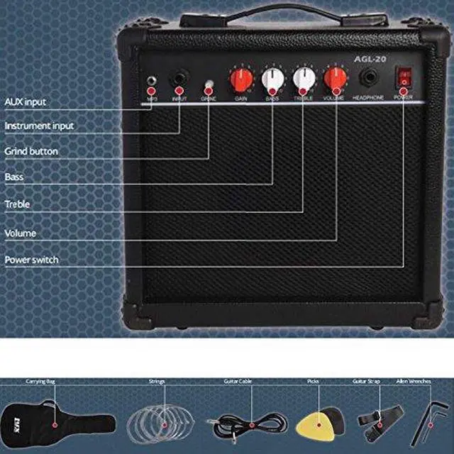 Alt view image 3 of 7 - LyxPro Full Size Electric Guitar with 20w Amp, Package Includes All Accessories, Digital Tuner, Strings, Picks, Tremolo Bar, Shoulder Strap, and Case Bag Complete Beginner Starter kit Pack
