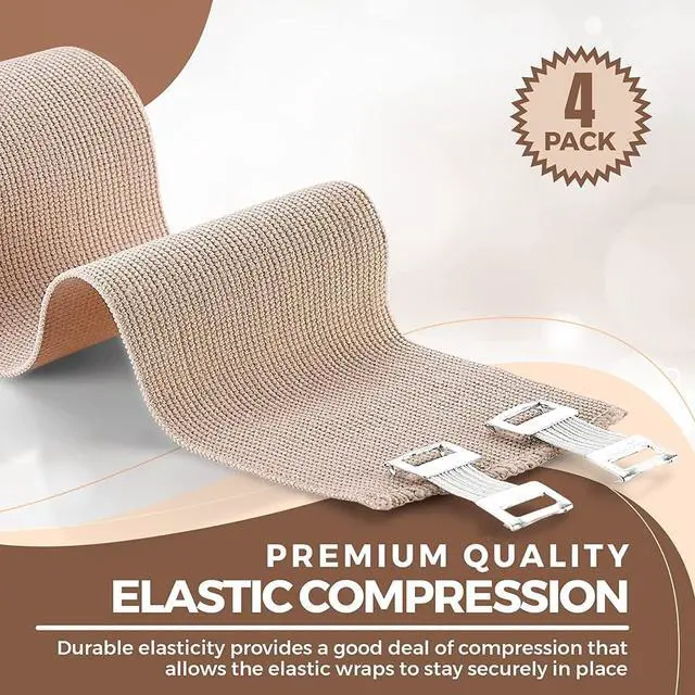 Alt view image 2 of 7 - Elastic Compression Bandage Wrap - Premium Quality (Set of 4) w/ 4 Extra Hooks, Athletic Sport Support Rolls for Ankle, Wrist, Arm, Leg Sprains, First Aid Bandages Roll Measures 2", 3", 4", 6" x 5 Ft