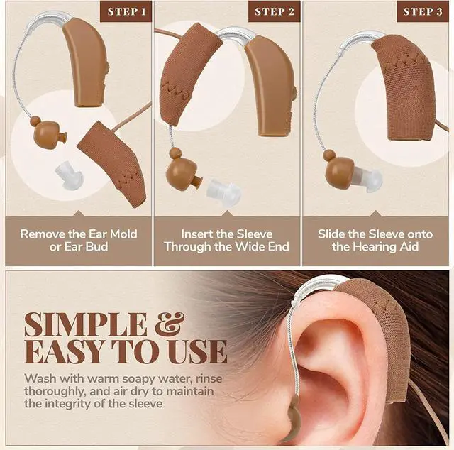 Alt view image 2 of 6 - Hearing Aid Protectors and Clip - Corded Fabric Cover with Clasp Protects from Dirt Dust Sweat & Moisture Reduces Wind Noise & Prevents Loss Fits Most (1-Inch, 1.25-Inch, 2-Inch) BTE Devices