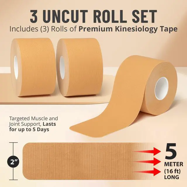 Alt view image 3 of 7 - MEDca Kinesiology Tape Rolls, 3 Pack, 2 Inch x 16 Feet, Latex-Free Breathable Cotton Athletic Tape for Muscle and Joint Support, Water-Resistant Sports Tape, Beige