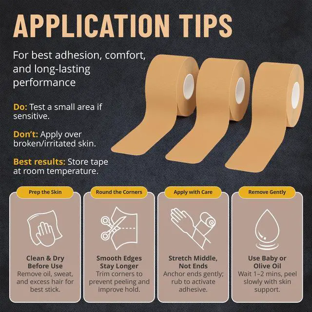 Alt view image 4 of 7 - MEDca Kinesiology Tape Rolls, 3 Pack, 2 Inch x 16 Feet, Latex-Free Breathable Cotton Athletic Tape for Muscle and Joint Support, Water-Resistant Sports Tape, Beige