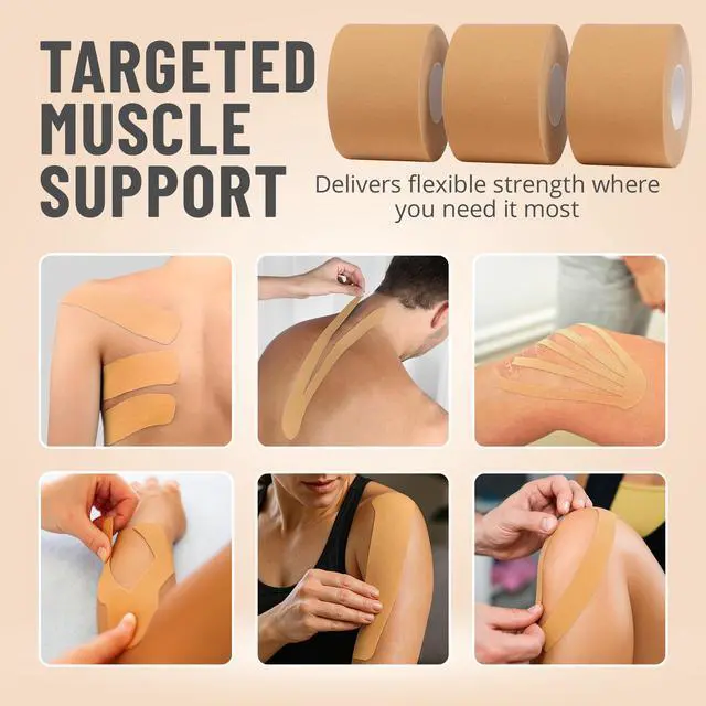 Alt view image 5 of 7 - MEDca Kinesiology Tape Rolls, 3 Pack, 2 Inch x 16 Feet, Latex-Free Breathable Cotton Athletic Tape for Muscle and Joint Support, Water-Resistant Sports Tape, Beige