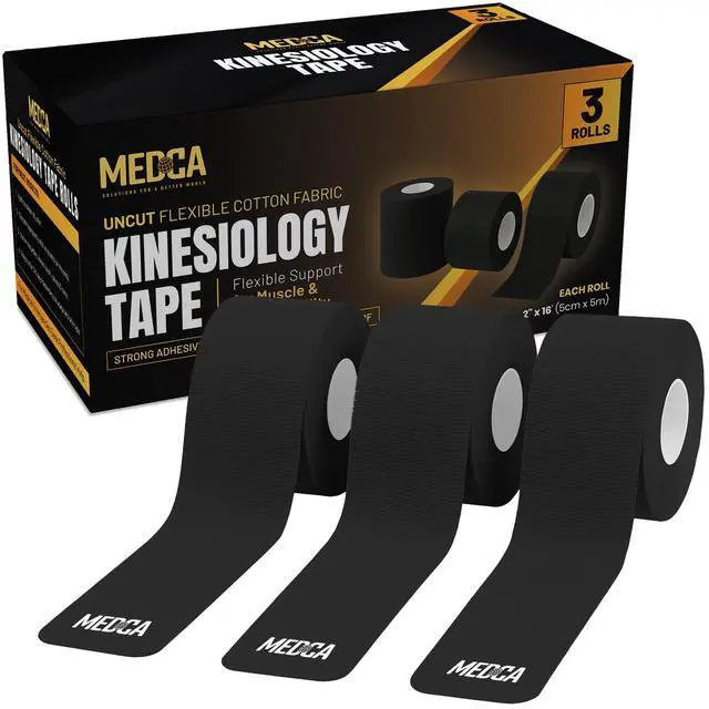 Main image of Kinesiology Tape Rolls - Pack of 3 (2 Inch x 16 Ft / 5cm x 5m) - Latex-Free, Breathable Cotton - Strong Adhesive for Muscle & Joint Support - Water-Resistant & Sweatproof for Sports & Recovery, Black