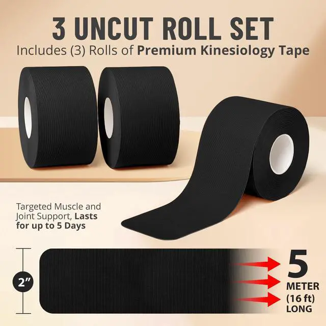 Alt view image 3 of 7 - Kinesiology Tape Rolls - Pack of 3 (2 Inch x 16 Ft / 5cm x 5m) - Latex-Free, Breathable Cotton - Strong Adhesive for Muscle & Joint Support - Water-Resistant & Sweatproof for Sports & Recovery, Black