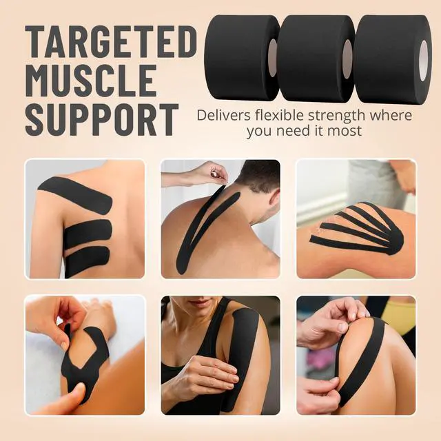 Alt view image 5 of 7 - Kinesiology Tape Rolls - Pack of 3 (2 Inch x 16 Ft / 5cm x 5m) - Latex-Free, Breathable Cotton - Strong Adhesive for Muscle & Joint Support - Water-Resistant & Sweatproof for Sports & Recovery, Black