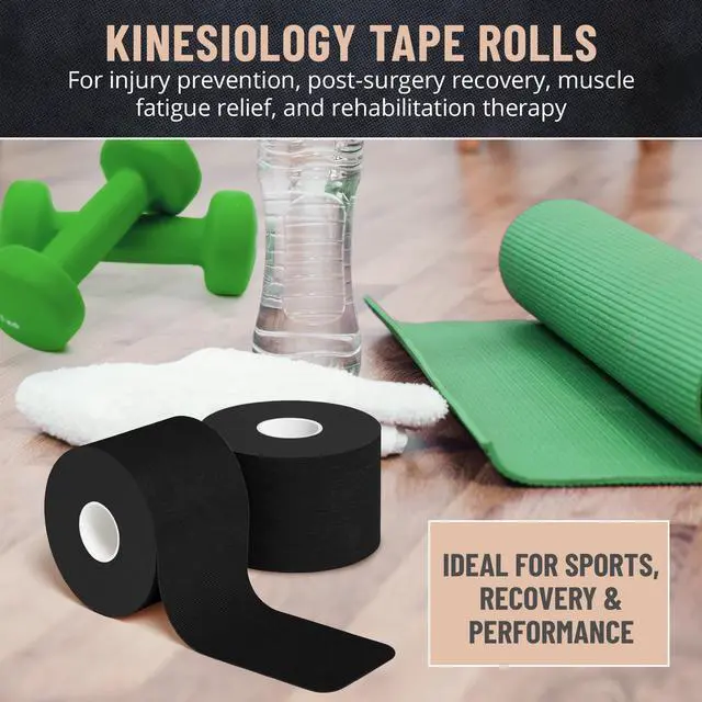 Alt view image 7 of 7 - Kinesiology Tape Rolls - Pack of 3 (2 Inch x 16 Ft / 5cm x 5m) - Latex-Free, Breathable Cotton - Strong Adhesive for Muscle & Joint Support - Water-Resistant & Sweatproof for Sports & Recovery, Black