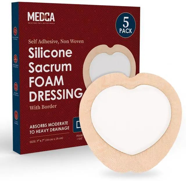 Main image of MEDca Silicone Foam Sacrum Dressing with Adhesive Border, 7 x 7 Inch Waterproof Sacral Wound Bandage, Highly Absorbent 5-Layer Pressure Sore Dressing, Pack of 5