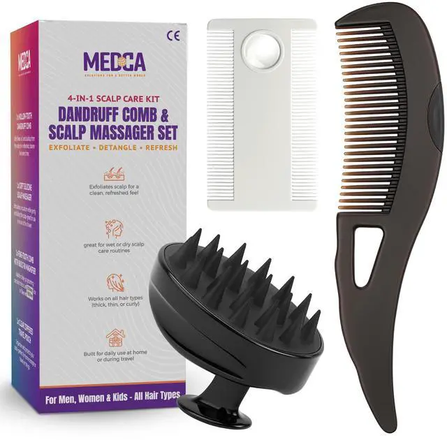 Main image of MEDca Dandruff Comb and Scalp Massager Set, 4-Piece Scalp Care Kit with Flake Removal Comb, Silicone Shampoo Brush, Fine Tooth Magnifier Comb and Travel Pouch