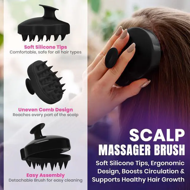 Alt view image 2 of 7 - MEDca Dandruff Comb and Scalp Massager Set, 4-Piece Scalp Care Kit with Flake Removal Comb, Silicone Shampoo Brush, Fine Tooth Magnifier Comb and Travel Pouch
