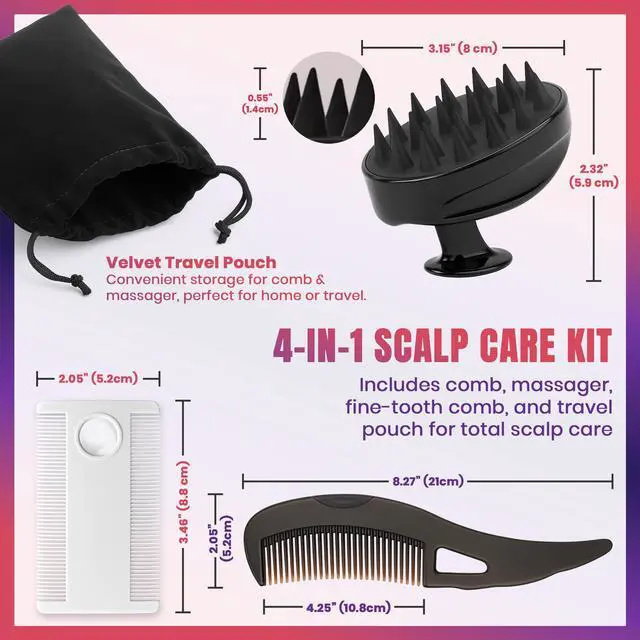 Alt view image 5 of 7 - MEDca Dandruff Comb and Scalp Massager Set, 4-Piece Scalp Care Kit with Flake Removal Comb, Silicone Shampoo Brush, Fine Tooth Magnifier Comb and Travel Pouch