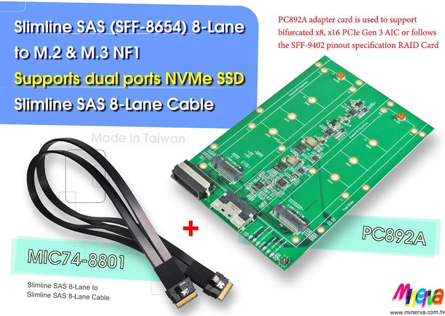 Main image of PC892A - Slimilne SAS (SFF-8654) 8-Lane to M.2 NVMe SSD dual ports Adapter to Slimline SAS 8-Lane to Slimline SAS 8-Lane Cable KIT