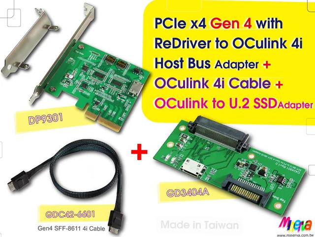 Main image of PCIe x4 Gen4 with ReDriver to OCulink 4i Host Bus Adapter & Gen4 OCulink 4i to OCulink 4i Cable & PCIe Gen4 OCulink for U.2 SSD Adapter KIT