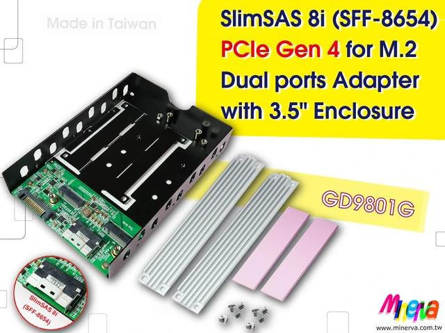 Main image of SFF-8654 8i PCIe 4.0 to M.2 x2 SSD Adapter + 3.5" Tray