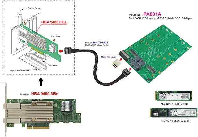 Alt view image 4 of 6 - SFF-8643 8x to M.2 NVMe SSD for Broadcom Tri-Mode HBA 9400-8i8e