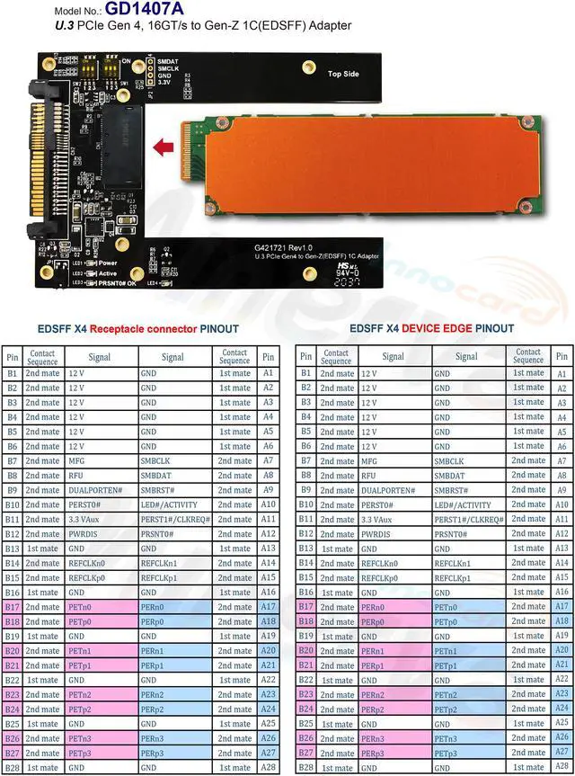 Alt view image 3 of 7 - U.3 PCIe Gen 4, 16GT/s to EDSFF 1C (Gen-Z) Adapter