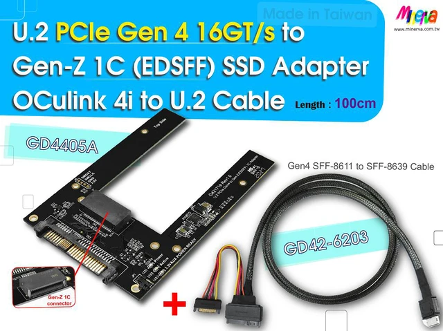 Main image of U.2 PCIe 4.0 to EDSFF (Gen-Z) 1C Adapter for Intel DC P4511 E1.S EDSFF & PCIe Gen4 OCulink 4i (SFF-8611) to U.2 (SFF-8639) Cable/100cm KIT