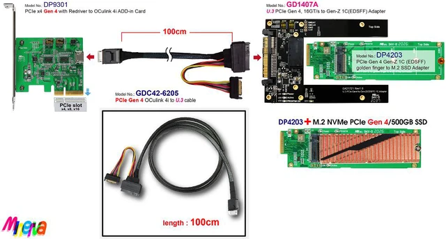 Alt view image 3 of 7 - U.3 PCIe 4.0 to EDSFF (Gen-Z) 1C Adapter for Intel DC P4511 E1.S EDSFF & OCulink 4i (SFF-8611) to U.3 (SFF-8639) Cable/100cm KIT